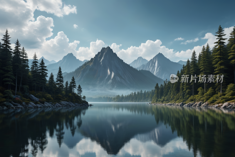 山木倒映在蓝天湖中高清风景插画图片