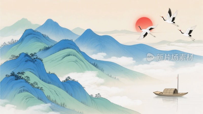 中式山水仙鹤风景图