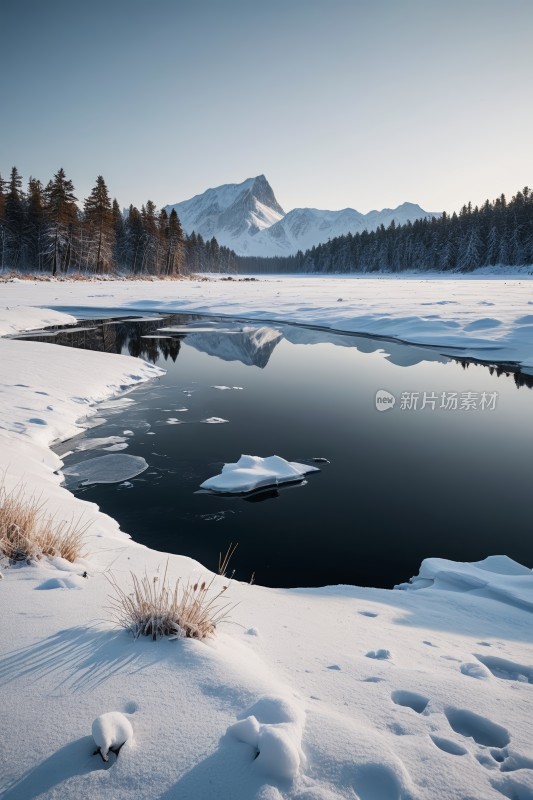 雪景一个小池塘和一座山高清风景图片