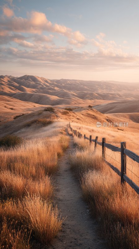 夕阳下的田野小径风景
