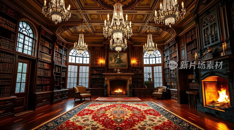 豪华图书馆书架、壁炉与吊灯尽显古典魅力