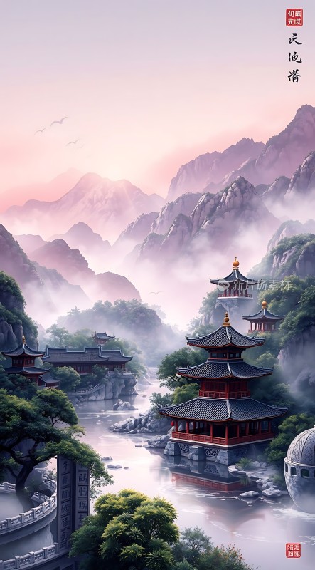 晨曦中的古塔与山水画卷