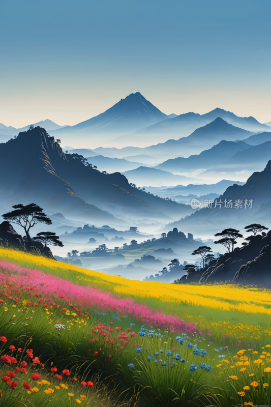 一片花山的美丽风景高清插画图片