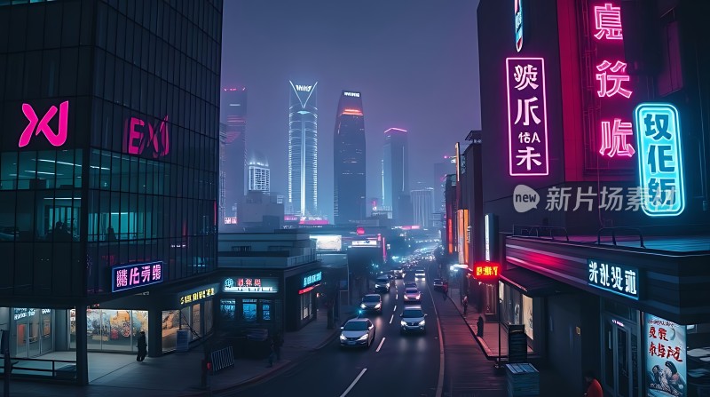 霓虹闪烁的未来都市夜景