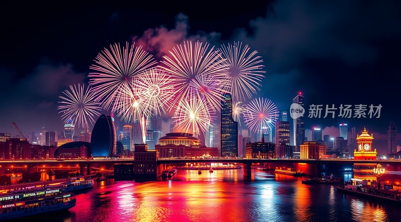 璀璨烟花映照繁华都市夜景