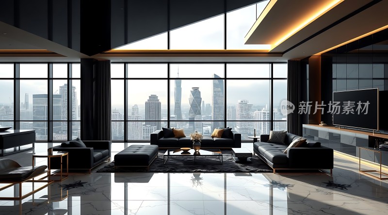 现代都市客厅全景落地窗豪华沙发时尚装饰尽享城市美景