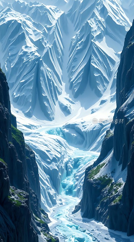 冰封峡谷雪峰耸立冰川流淌