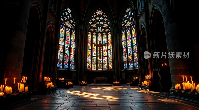 彩色玻璃窗与蜡烛的光影教堂