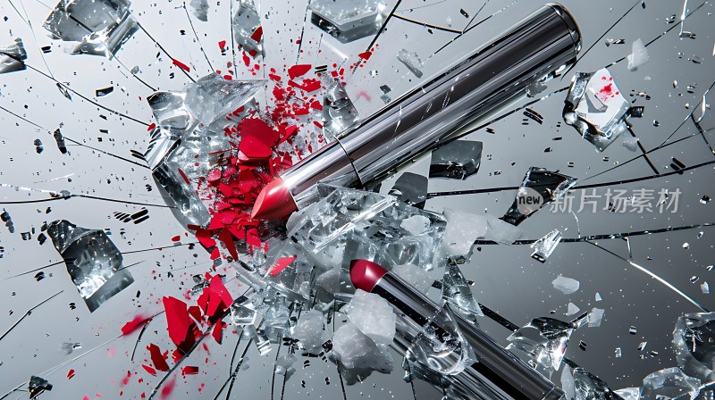 破碎玻璃中的红色口红