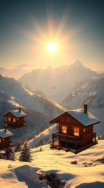 阳光下的雪山木屋