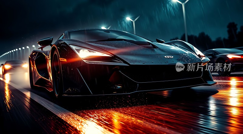 雨夜赛道上的黑色跑车疾驰