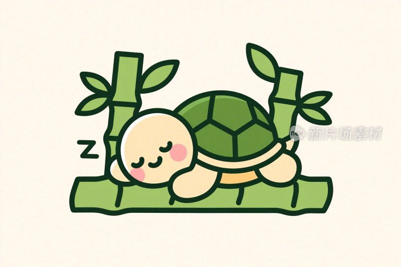 卡通小乌龟睡竹插画
