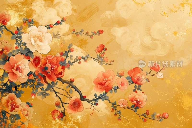 盛开的花朵在暖色调背景中的艺术描绘