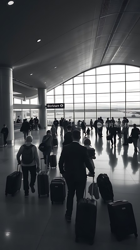 机场候机大厅旅客拖着行李箱排队等待登机