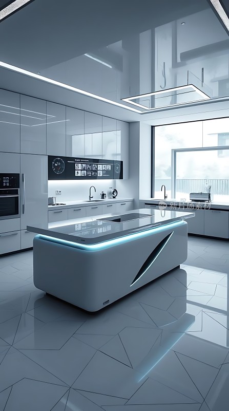 现代厨房设计白色橱柜与黑色墙面相映成趣中央岛台时尚大气玻璃吊顶简约优雅