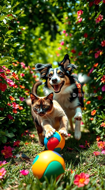 猫狗共舞花丛间