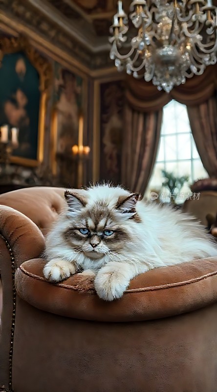 贵族猫咪慵懒趴在华丽扶手椅上