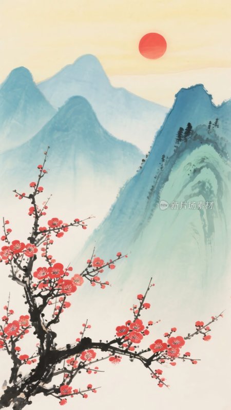 山间红梅伴红日美景