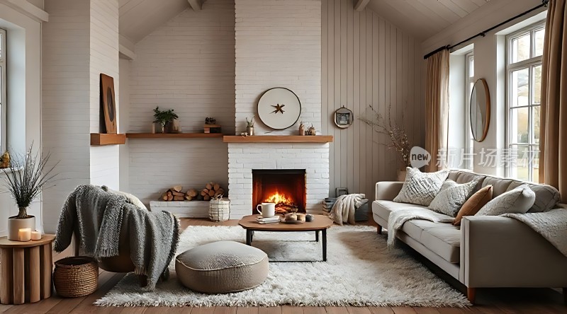 温馨壁炉客厅舒适沙发与自然光线