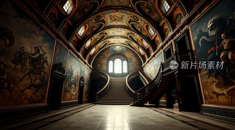 宏伟宫殿内部壁画与楼梯交相辉映