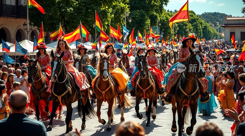 骑马游行队伍色彩斑斓旗帜飘扬观众欢呼雀跃