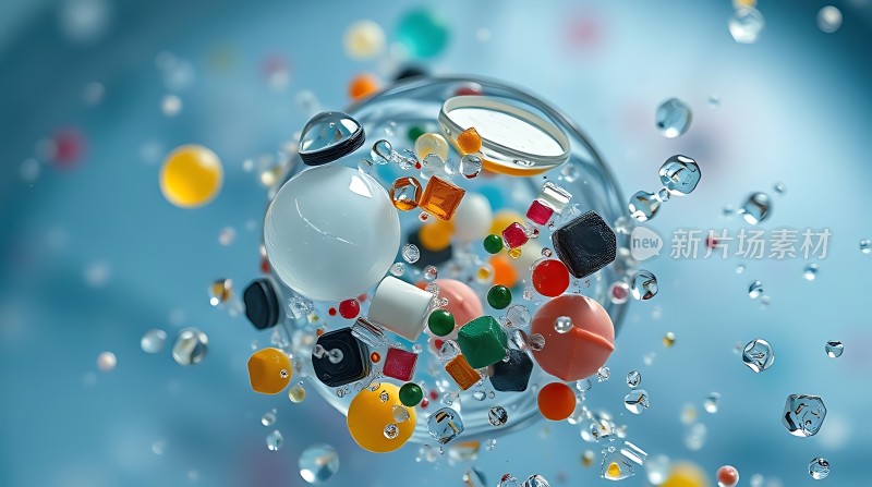 五彩斑斓的粒子在透明球体中漂浮