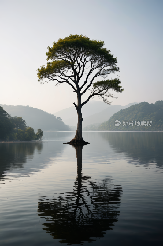 湖中央一棵孤树高清风景图片