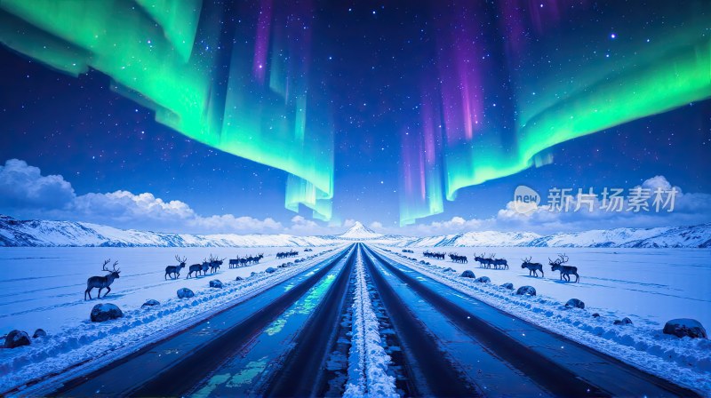 自然风景公路北极极光夜空