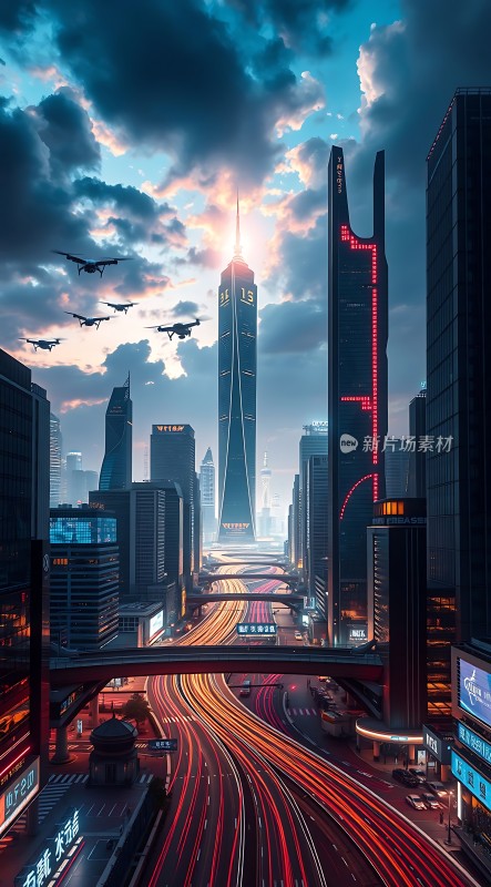 未来之城摩天大楼与无人机共舞