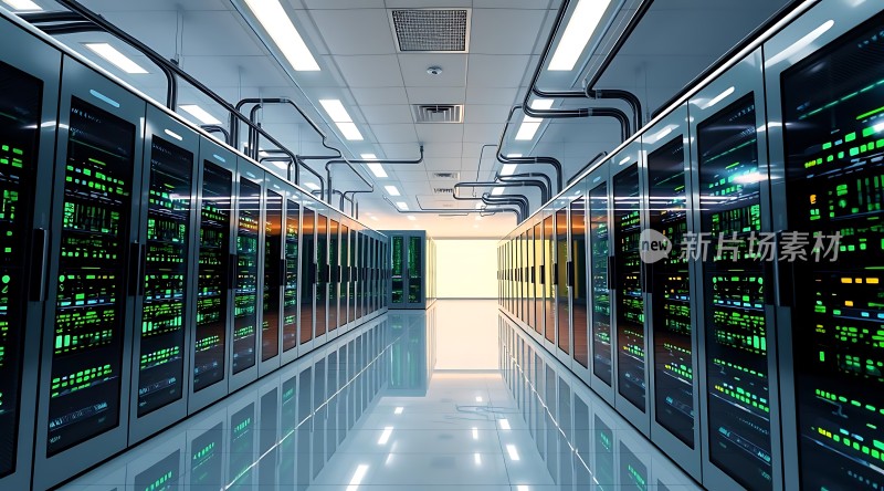 数据中心内部服务器排列整齐灯光闪烁