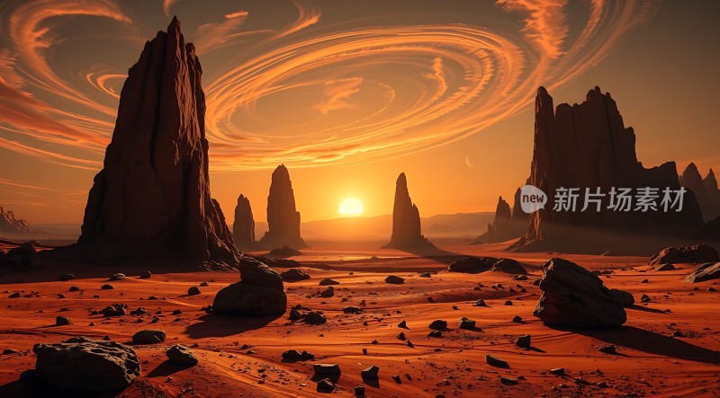 火星日落奇景红色沙漠与神秘云层