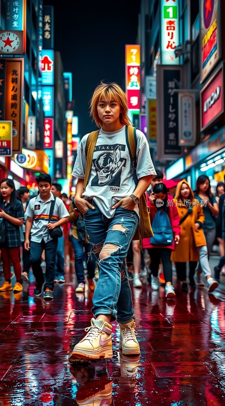 霓虹闪烁夜街潮酷女孩