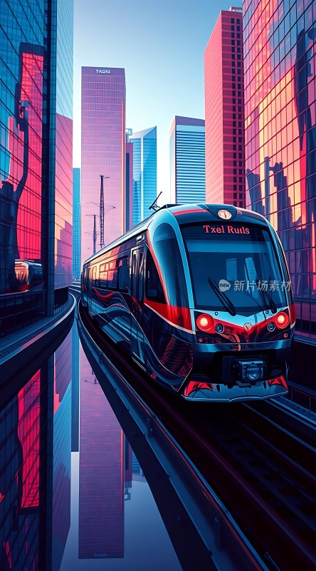 未来都市列车穿行高楼之间