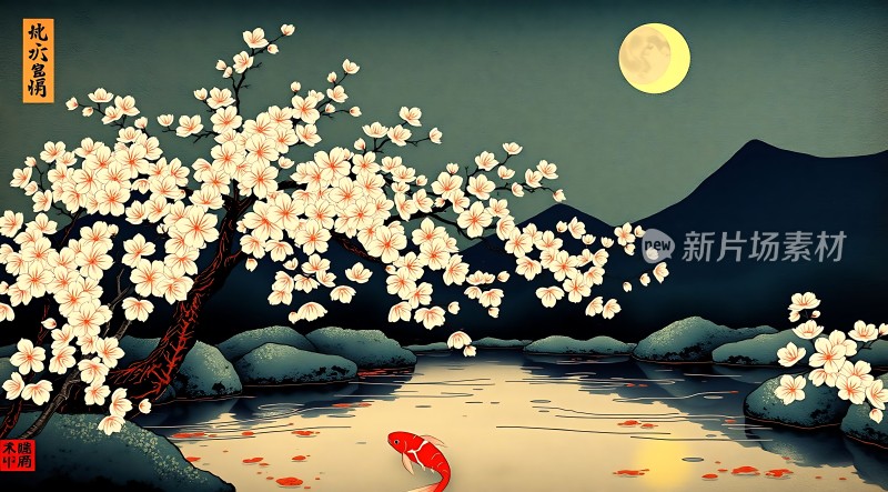 夜月映樱花鱼戏水