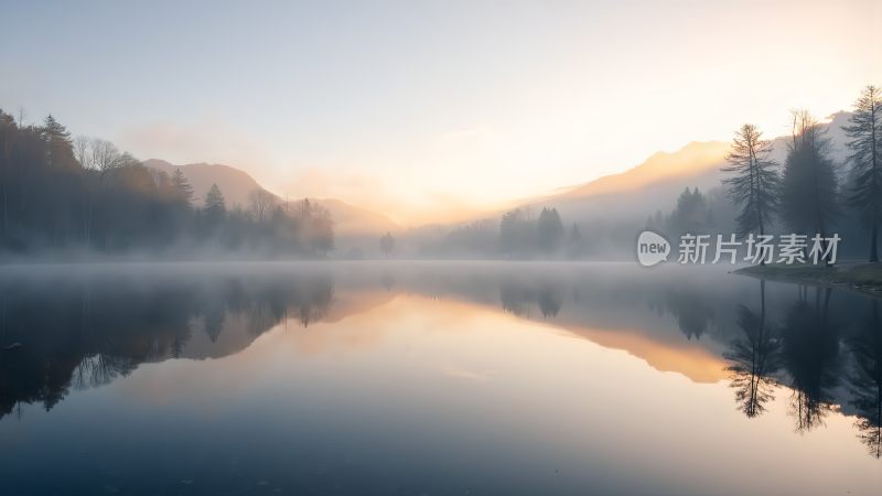 晨曦映照下的静谧湖面