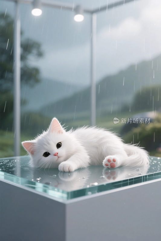 白猫雨景玻璃台
