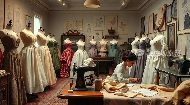 复古裁缝工作室里的专注女裁缝