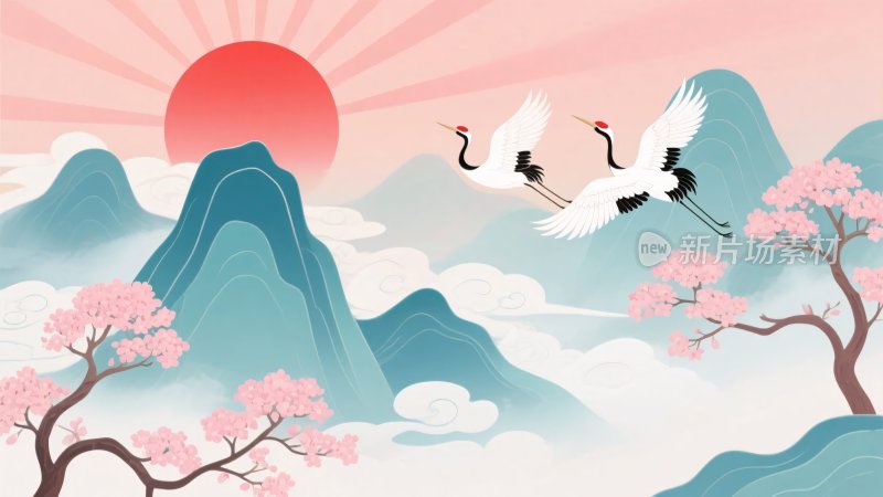 山水间双鹤伴日飞翔图景