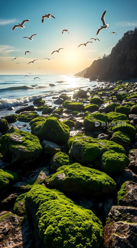 阳光下的海鸥与岩石