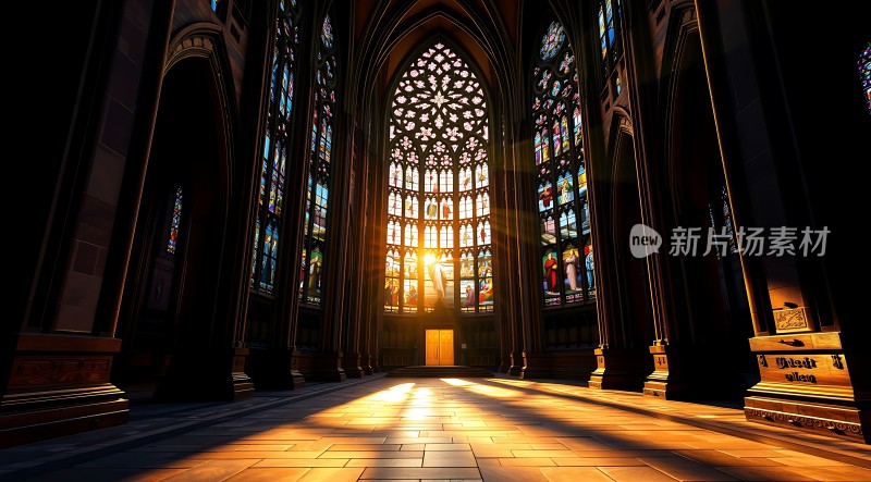 阳光洒进教堂内部彩色玻璃窗映照出神圣光芒