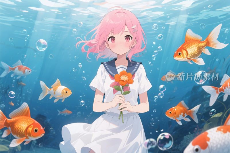 水下金鱼与粉色长发女孩