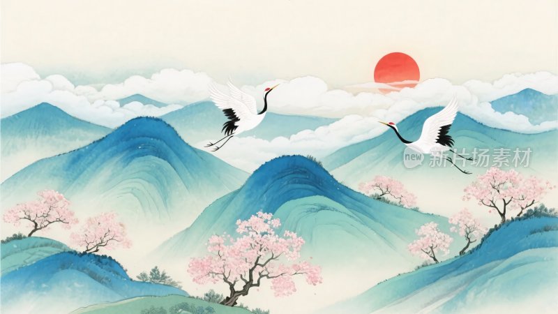 山水间双鹤伴红日飞翔图