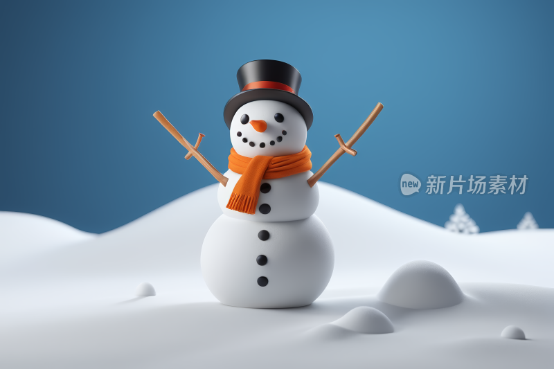 雪地里一个戴着围巾戴着帽子雪人