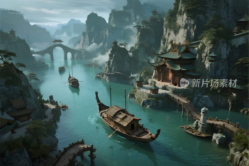 古风山水船只场景插画