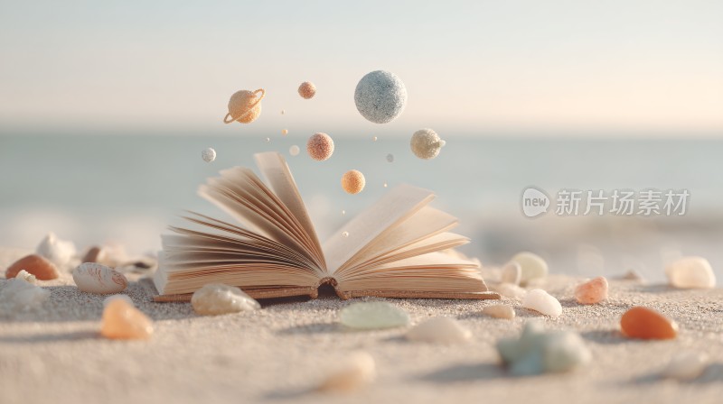 沙滩上翻开的书与漂浮星球画面