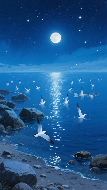 月夜下海边飞翔的海鸥