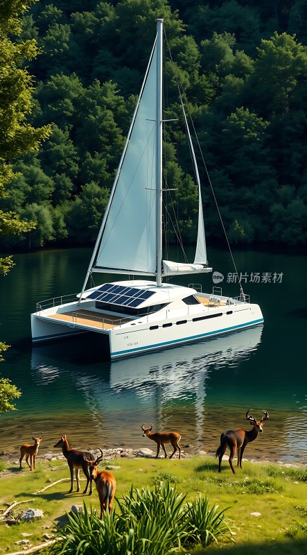 湖畔帆船与鹿群共舞