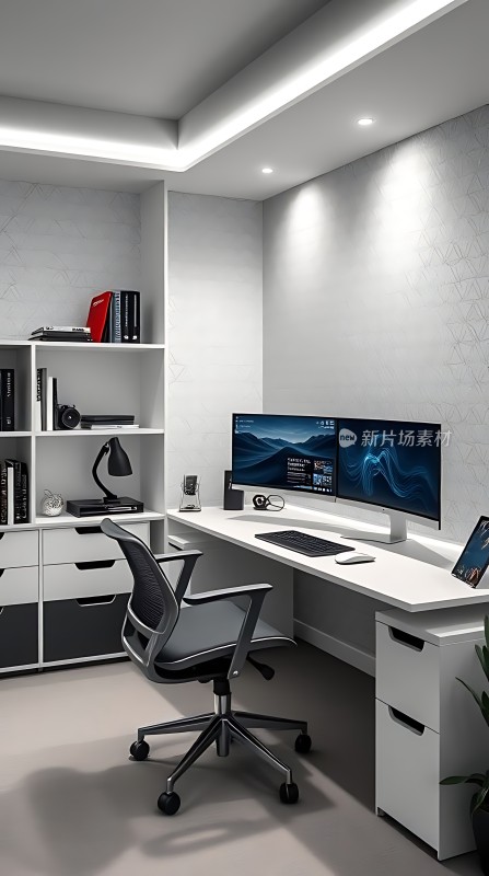 现代简约办公空间白色书桌配双屏电脑整洁有序的书架和舒适椅子