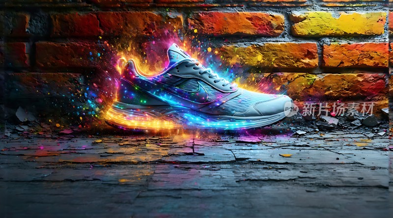 彩色光芒环绕的运动鞋