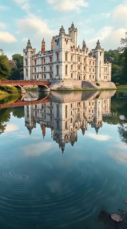 湖畔古堡倒影如画